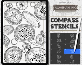 Compass Tattoo Stencil Procreate Brushes - Procreate Brushset for iPad