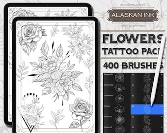 May include: A digital illustration of a Procreate tattoo stamp pack featuring 400 brushes and flowers. The image shows a preview of the stamps, including roses, cosmos, and dahlias.
