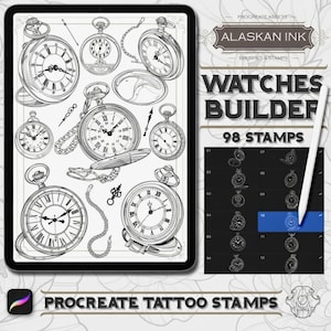 Pocket Watch Tattoo Brushes for Procreate | 98 Clock & Roman Numeral Stamp Pack iPad