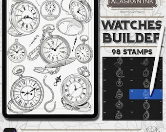 Taschenuhr Tattoo Pinsel für Procreate | 98 Uhr & römische Ziffer Stempel Pack iPad