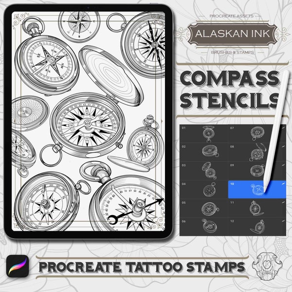 Compass Tattoo Stencil Procreate Brushes - Procreate Brushset for iPad