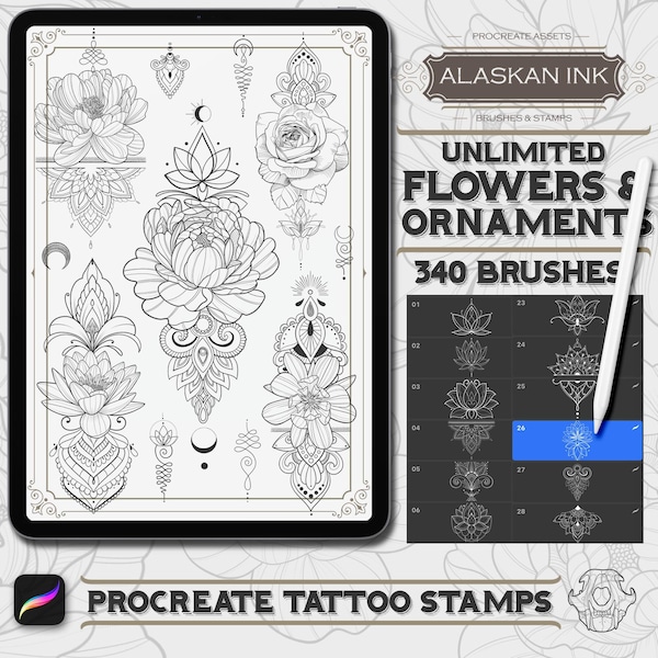 Unlimited Flowers & Ornaments Tattoo Pack - 340 Procreate Pinsel für iPad