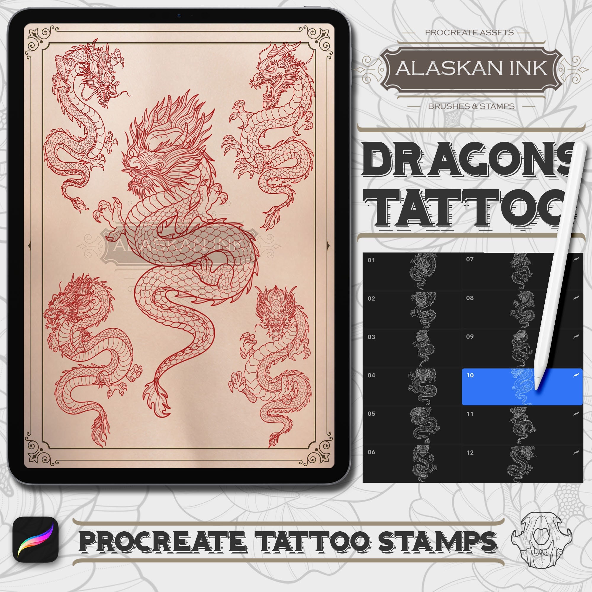 Dragons Procreate Brushes Volume 1 – 20 Tattoo-Style Dragon Stamp Set for iPad