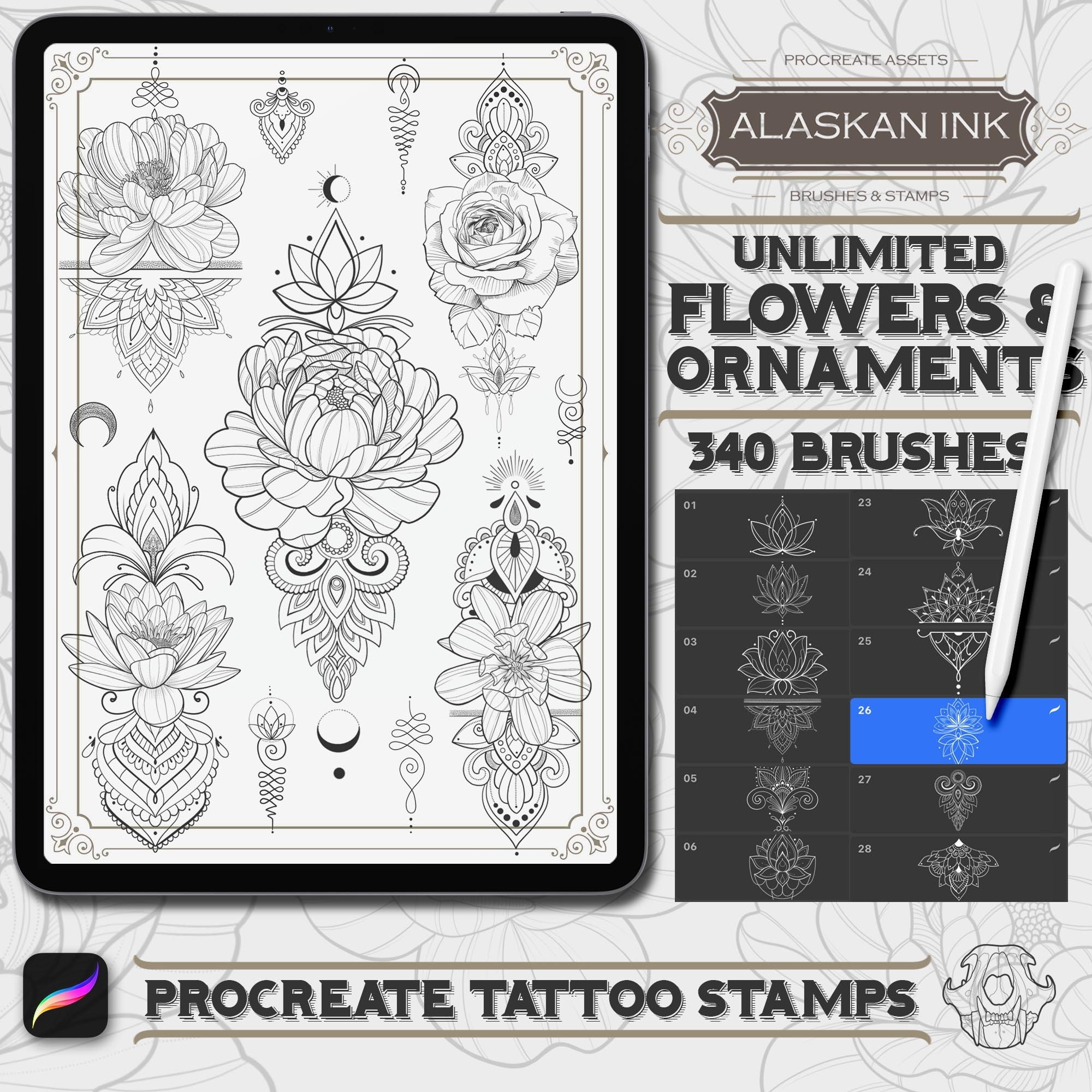 X340 Pinceles Procreate de Tatuaje Floral y Ornamental para iPad – Set de 340 sellos