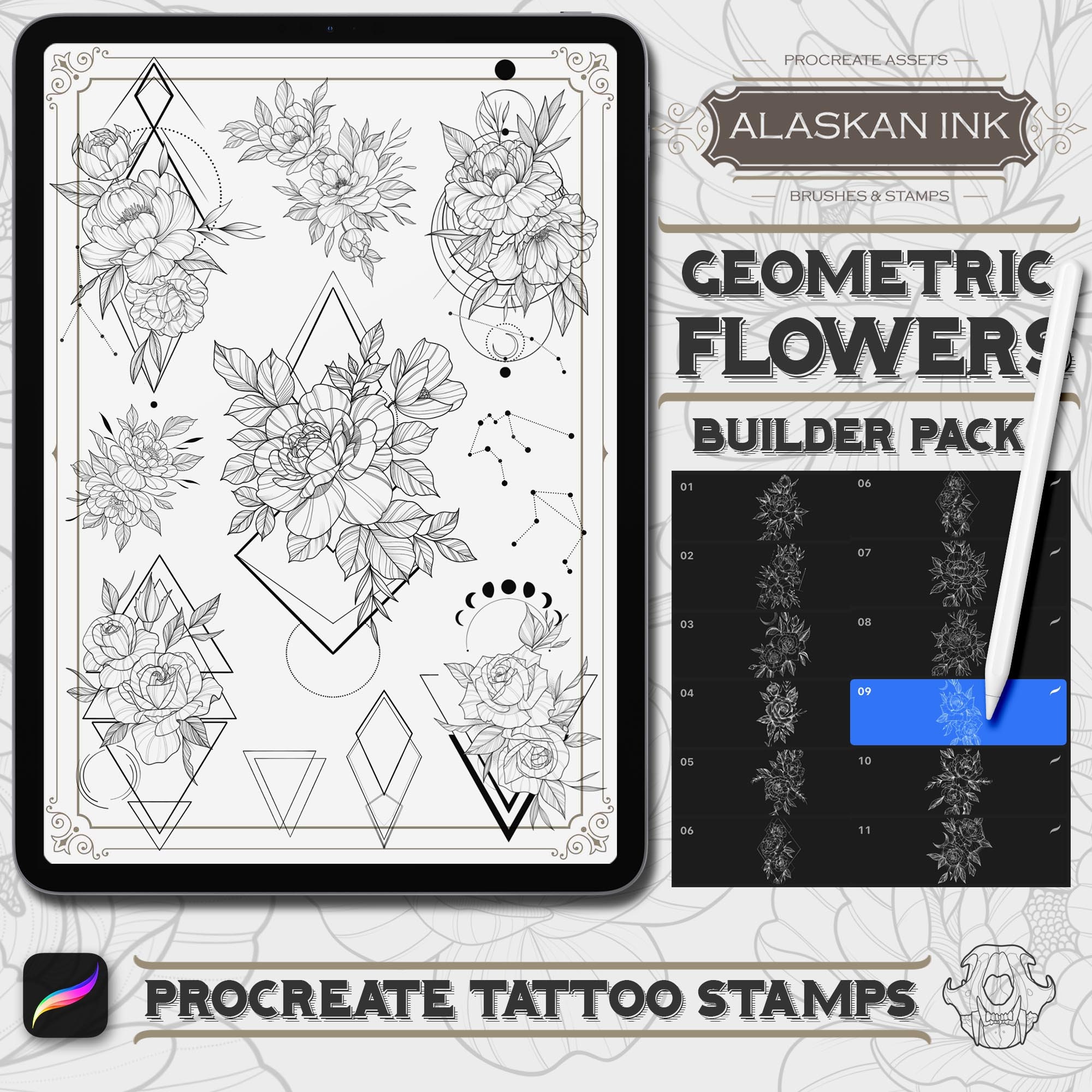 幾何学＆フローラル タトゥー Procreateブラシ for iPad（98スタンプ、星座・アストロデザイン）