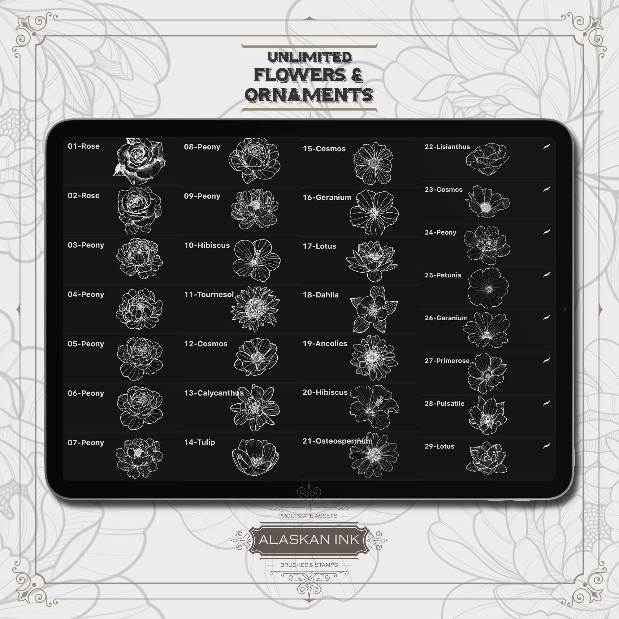 Ornaments & Flowers Tattoo Brushes for Procreate | 340 Floral Stamp ...