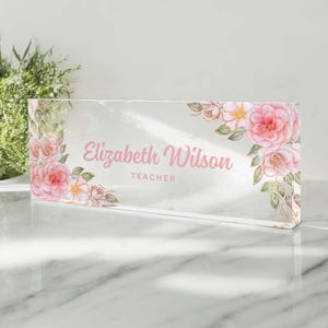 Custom Pastel Floral Name Plate, Custom Teacher Nameplate Sign, Elegant Desk Sign, Acrylic Name Plate, Job Title Plate, Name Plate For Desk