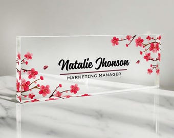 Custom Floral Name Plate, Artblox Office Desk Name Plate, Custom Name Plates for Desks, Flowers Designs On Clear Acrylic Glass, Office Decor