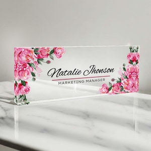 Floral Name Plate, Artblox Office Desk Name Plate, Custom Name Plates for Desks, Flowers Designs On Clear Acrylic Glass, Office Desk Decor