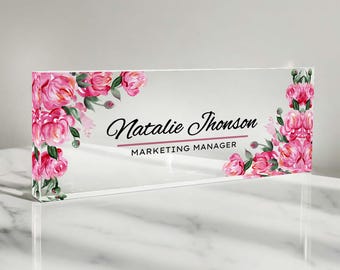 Floral Name Plate, Artblox Office Desk Name Plate, Custom Name Plates for Desks, Flowers Designs On Clear Acrylic Glass, Office Desk Decor
