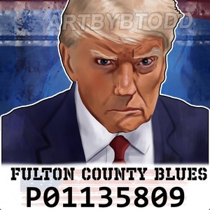 Pegatina digital con foto policial de Donald Trump