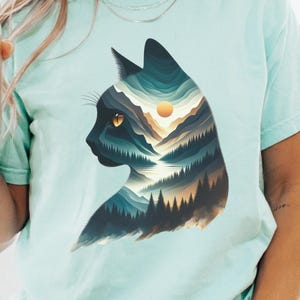Mountains Cat Shirt, Nature Lover Gift, Watercolor Wilderness T-Shirt, Outdoor Adventure Graphic Tee, Hiking Shirt for Women and Campers