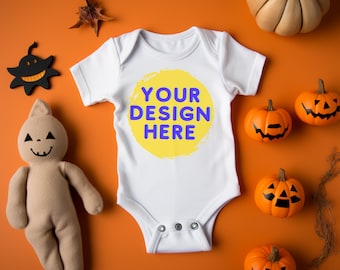 Vit Halloween-modell Bella Canvas barnmodell Bella mockup mall, vit höst-T-shirt platt lay livsstil babymodell digital nedladdning