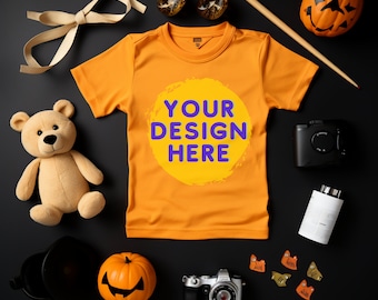 Premium Bella Canvas barn-T-shirt mockup mall - direkt nedladdning Gildan-tröja mockup tonårs Halloween-tröja mockup flatlay höst