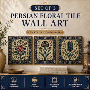 Può includere: Un set di tre stampe d'arte da parete quadrate con motivi di piastrelle floreali persiane nei toni del blu, verde e rosso. Il testo recita: SET OF 3 PERSIAN FLORAL TILE WALL ART, INSTANT DOWNLOAD, THE KINFOLK HOME, LIVE BEAUTIFULLY, INSTANT DOWNLOAD, PRINT AT HOME, MULTIPLE SIZES, HIGH QUALITY 300 DPI.