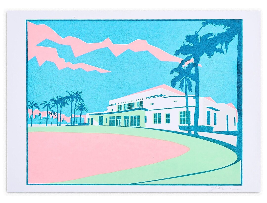 Miami City Hall Screen Print Art Deco Architecture Poster Iconic Miami
