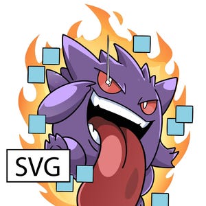 Könnte beinhalten: Ein lila Cartoon-Charakter mit langer roter Zunge, roten Augen und breitem Grinsen, umgeben von orangefarbenen Flammen. Das Bild enthält den Text "SVG" in einem weißen Feld.