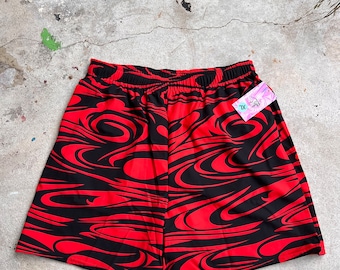 Men&#39;s rave shorts, Black and Red Shorts, Festival shorts, Rave fashion, Psychedelic design, Vibrant colors, Dance shorts, Mens Swim Trunks