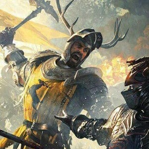 May include: An illustration of two knights in battle. One knight wears a yellow tunic with a black stag emblem and a helmet with antlers. The other knight is in black armor. The scene is set in a medieval fantasy setting.