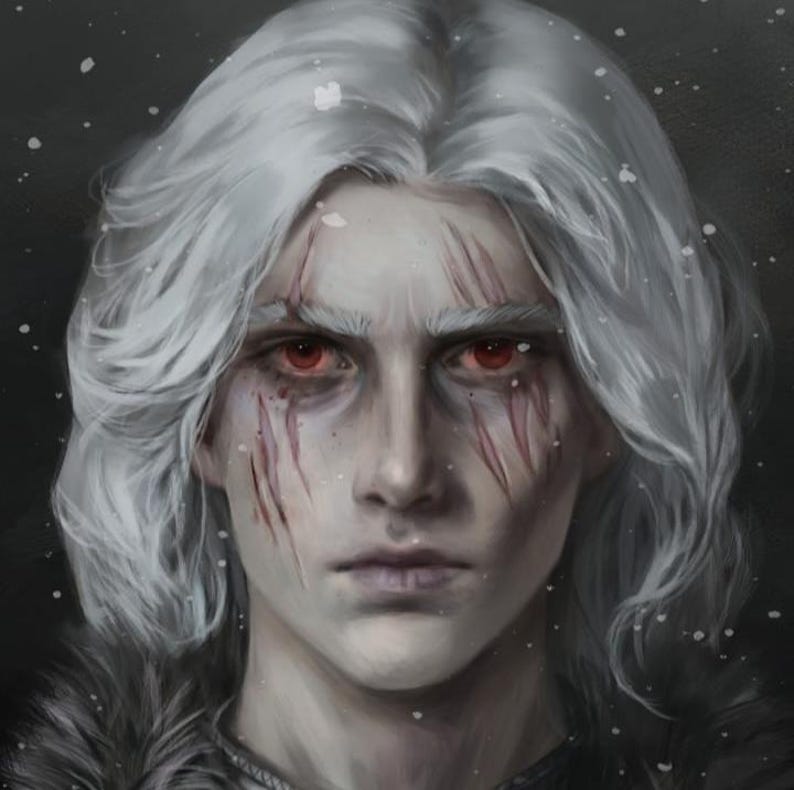 May include: A digital painting of a person with pale skin, white hair, and red eyes. The face has several visible scars. The person is looking directly at the viewer. The background is dark with a few white specks.