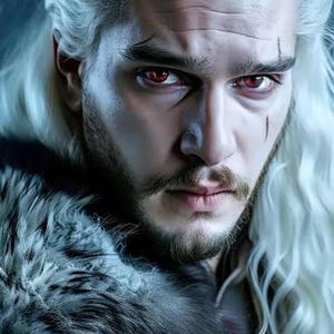 May include: Close-up portrait of a man with long, white hair and a beard, red eyes, and a serious expression. He wears a fur-lined garment. The image includes the text "@amine11291" at the bottom.