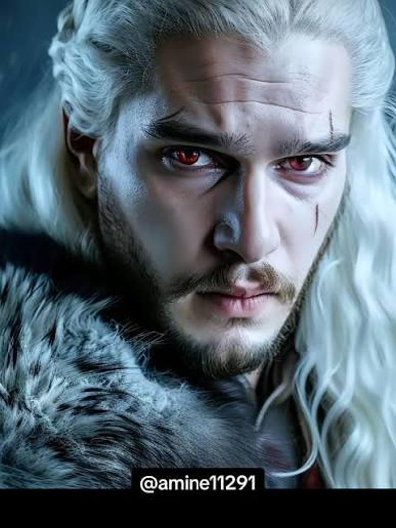 May include: Close-up portrait of a man with long, white hair and a beard, red eyes, and a serious expression. He wears a fur-lined garment. The image includes the text "@amine11291" at the bottom.