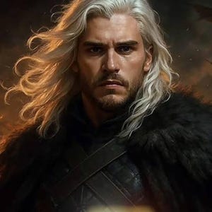 May include: Digital art portrait of a man with long, flowing white hair and a short beard. He wears a dark outfit with a fur collar and a leather strap across his chest. The image has a dramatic, fantasy-inspired aesthetic, with the text "WHITE HAIR" at the bottom.