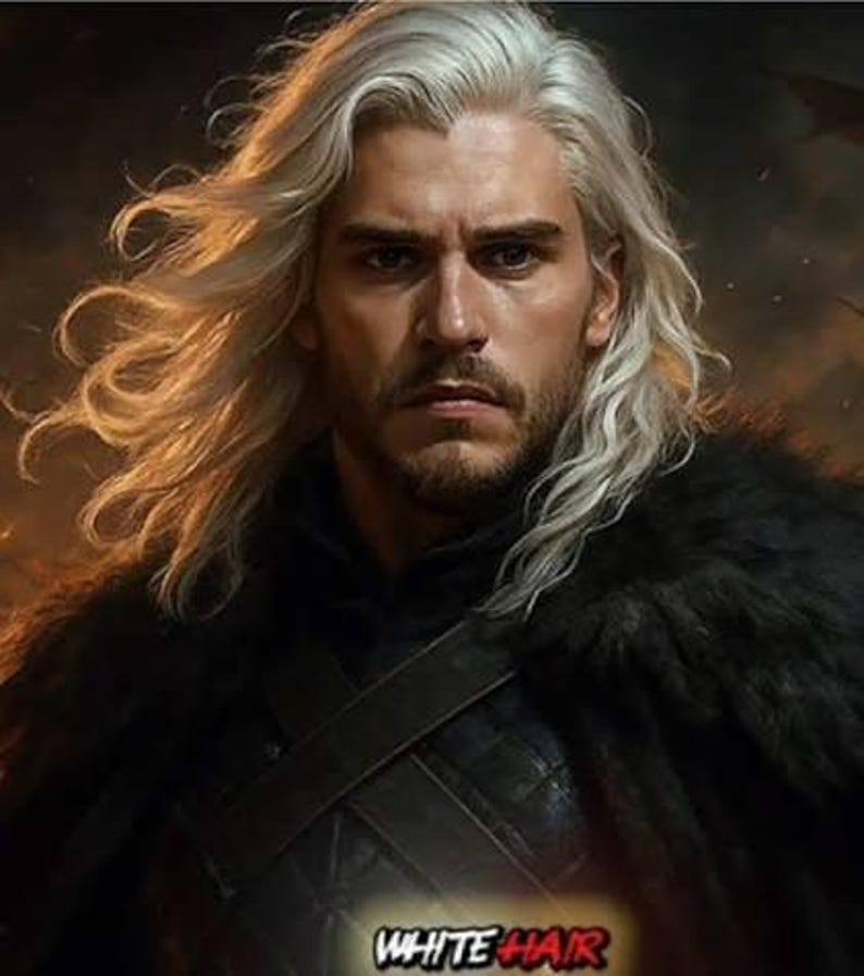 May include: Digital art portrait of a man with long, flowing white hair and a short beard. He wears a dark outfit with a fur collar and a leather strap across his chest. The image has a dramatic, fantasy-inspired aesthetic, with the text "WHITE HAIR" at the bottom.