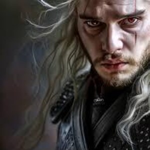 May include: A portrait of a man with long, wavy, silver hair and a beard. He has red eyes and a scar across his face. The man is wearing dark armor. The image includes the Instagram handle @amine11291.