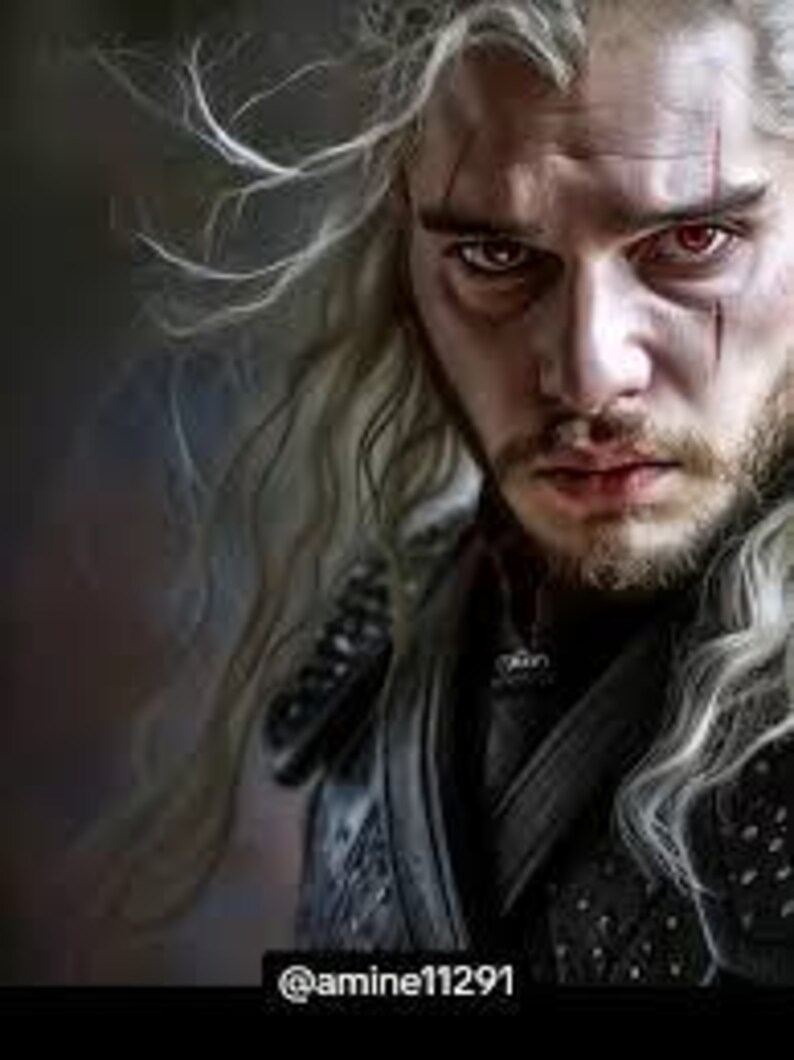 May include: A portrait of a man with long, wavy, silver hair and a beard. He has red eyes and a scar across his face. The man is wearing dark armor. The image includes the Instagram handle @amine11291.