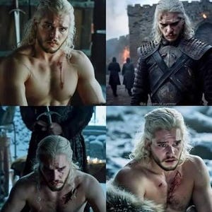 May include: A composite image featuring a man with long, light hair and a beard, in various scenes. He is seen shirtless in some images, with a chest wound. Other images show him in armor and a fur cloak, with a serious expression.