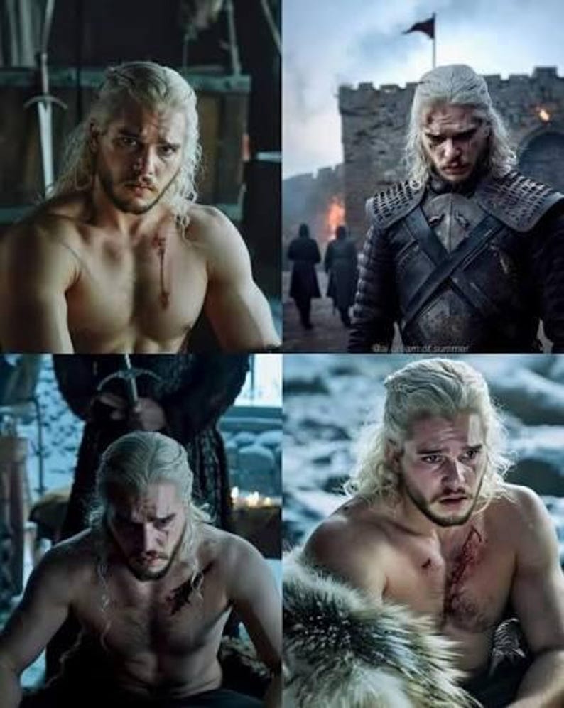 May include: A composite image featuring a man with long, light hair and a beard, in various scenes. He is seen shirtless in some images, with a chest wound. Other images show him in armor and a fur cloak, with a serious expression.
