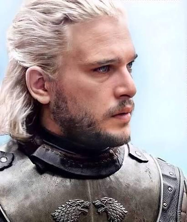 May include: A man with long, light blonde hair and a short beard, wearing a silver and black chest plate with two wolf emblems. The man has blue eyes and is looking off to the side.