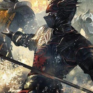 May include: An illustration of two knights in battle, clad in detailed armor. One knight, in black armor with a dragon-like helmet, is thrusting a spear. The other knight, in silver and gold armor, appears to be yelling. The scene is set against a backdrop of fire and water.
