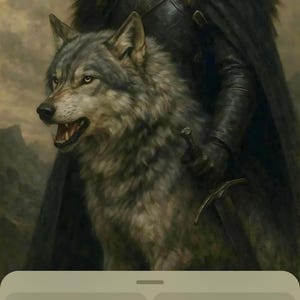 May include: A digital painting of a man with dark curly hair, wearing a fur-lined cloak and armor, standing with a large gray wolf. The man holds a sword. The background is a muted landscape.