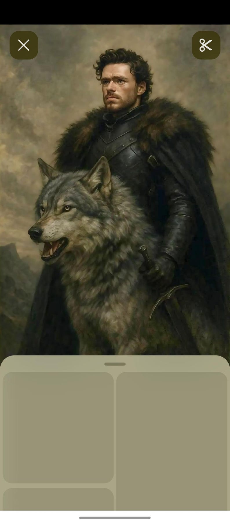 May include: A digital painting of a man with dark curly hair, wearing a fur-lined cloak and armor, standing with a large gray wolf. The man holds a sword. The background is a muted landscape.