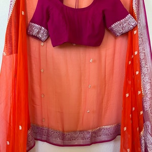 khaddi chiffon saree| banarasi saree| saree stitched blouse set| silk sari blouse |sarees USA| orange pink combo saree| banaras saree blouse