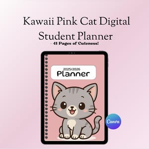 Può includere: Un'agenda digitale per studenti con una copertina rosa raffigurante un gatto dei cartoni animati grigio. L'agenda è etichettata "2025/2026 Planner" e include il testo "Kawaii Pink Cat Digital Student Planner - 41 Pages of Cuteness!"