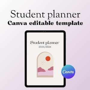 Può includere: Un tablet nero mostra un modello di pianificatore per studenti con il testo "Student planner 2025/2026". Il design presenta un paesaggio minimalista con un sole rosso e colline rosa. Il logo Canva è visibile.