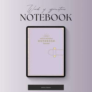 Può includere: Un taccuino lilla con le parole "Words of affirmations" e "NOTEBOOK" in elegante scrittura. La copertina presenta un disegno a raggiera e il testo "worth of affirmations NOTEBOOK 2025/2026". Un cinturino con hardware dorato assicura il taccuino.