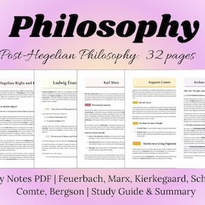 Puede incluir: Una guía de estudio en PDF digital titulada "Filosofía" con el subtítulo "Filosofía post-hegeliana: 32 páginas". La guía cubre a Feuerbach, Marx, Kierkegaard, Schopenhauer, Comte y Bergson. La portada presenta el título en negrita negra.
