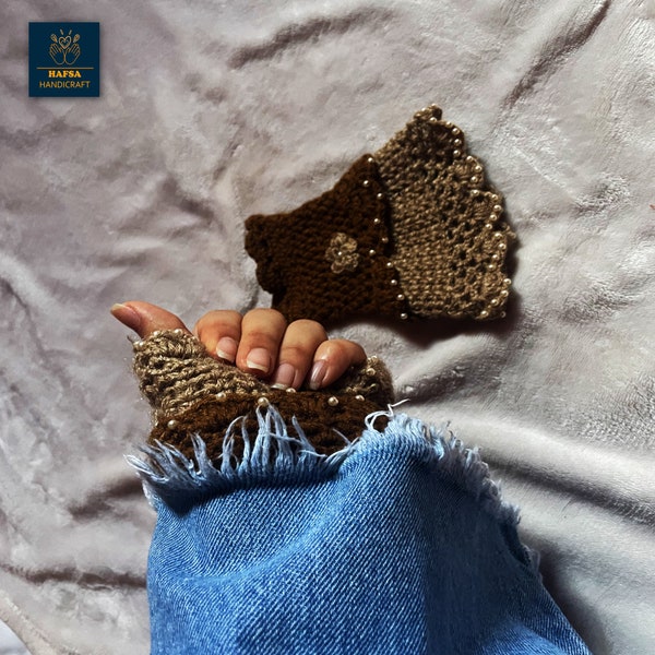 Ensemble au crochet fait main marocain, gants sans doigts, mitaines sans doigts