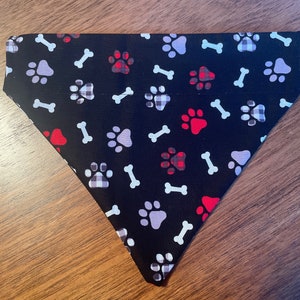 Paw Print Dog Bone Plaid Dog Bandana Over the Collar