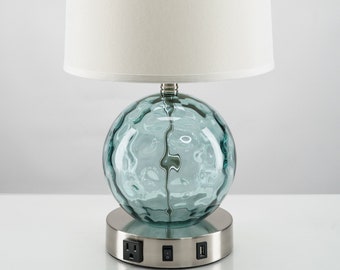 Coastal Modern Aqua Glass Bubble Table Lamp with USB port and Outlet, Free Shipping, Bulb Included, Dorm Light, Bedside Light, Desk Lamp