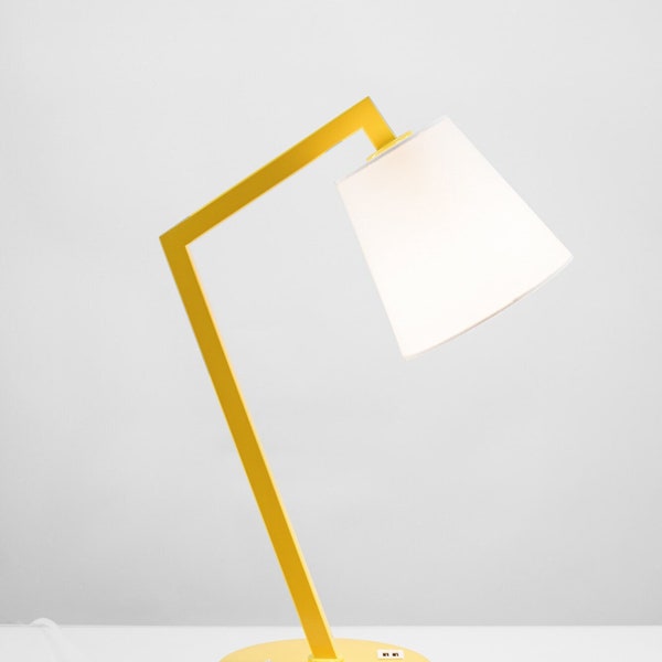 Modern Yellow Desk Lamp With White Bell Shade, Art Deco & Contemporary Style, Outlet and USB ports, Perfect for Dorms, Office or Bedside