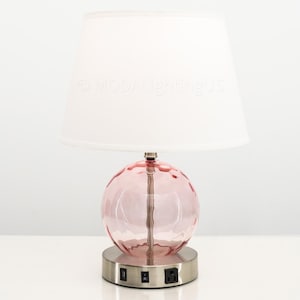 Art Deco Pink Glass Bubble Table Lamp: USB Port & Outlet, Linen Shade