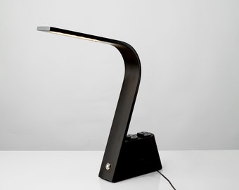 Slanted Modern Black LED Desk & Table Lamp, Contemporary and Art Deco Design, USB port and outlets for easy charging, dorm and office lamp