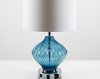 Modern Cobalt Blue Ribbed Glass Table Lamp with USB port and Outlet, Free Shipping, Bulb Included, Dorm Light, Bedside Light, Desk Lamp