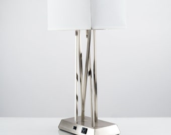 Modern Brushed Nickel Asymmetry Table Lamp with white shade, Outlet for easy charging, Bulb included, Perfect for bedside or end table