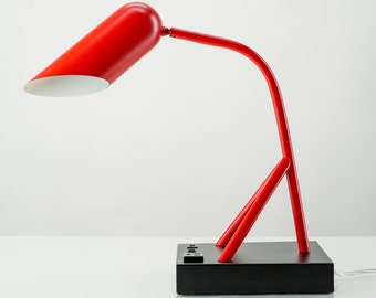 Industrial Red Modern Desk Lamp, Contemporary Style, USB Port and Outlet for easy charging, Perfect for Study Room, Office or Dorm